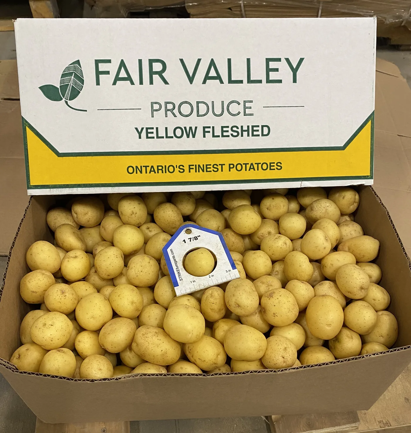 A Fair Valley Produce yellow-fleshed potato box, packed