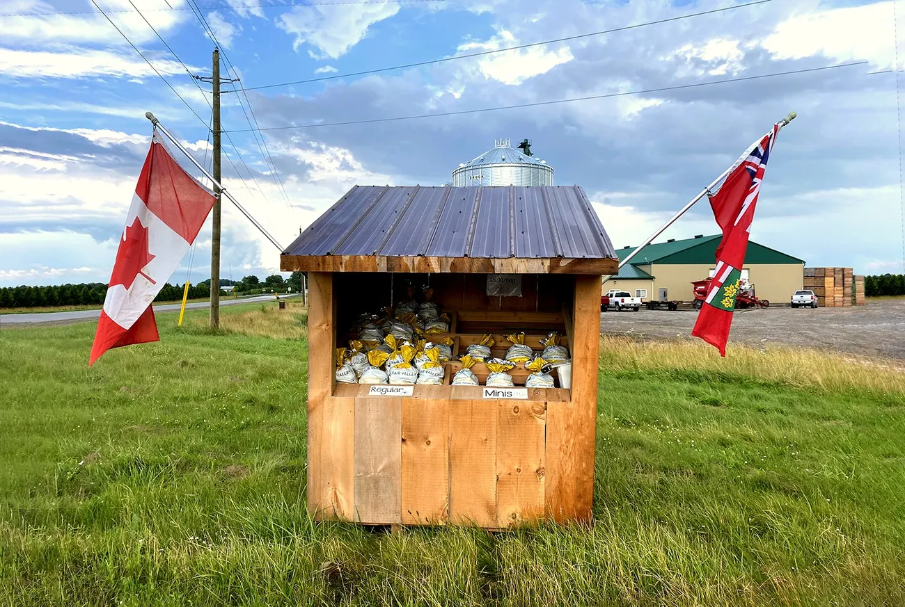 The Fair Valley roadside farm stand with Canadian and Ontario flags