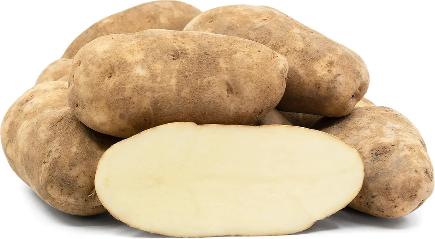 Russet potatoes, one cut open