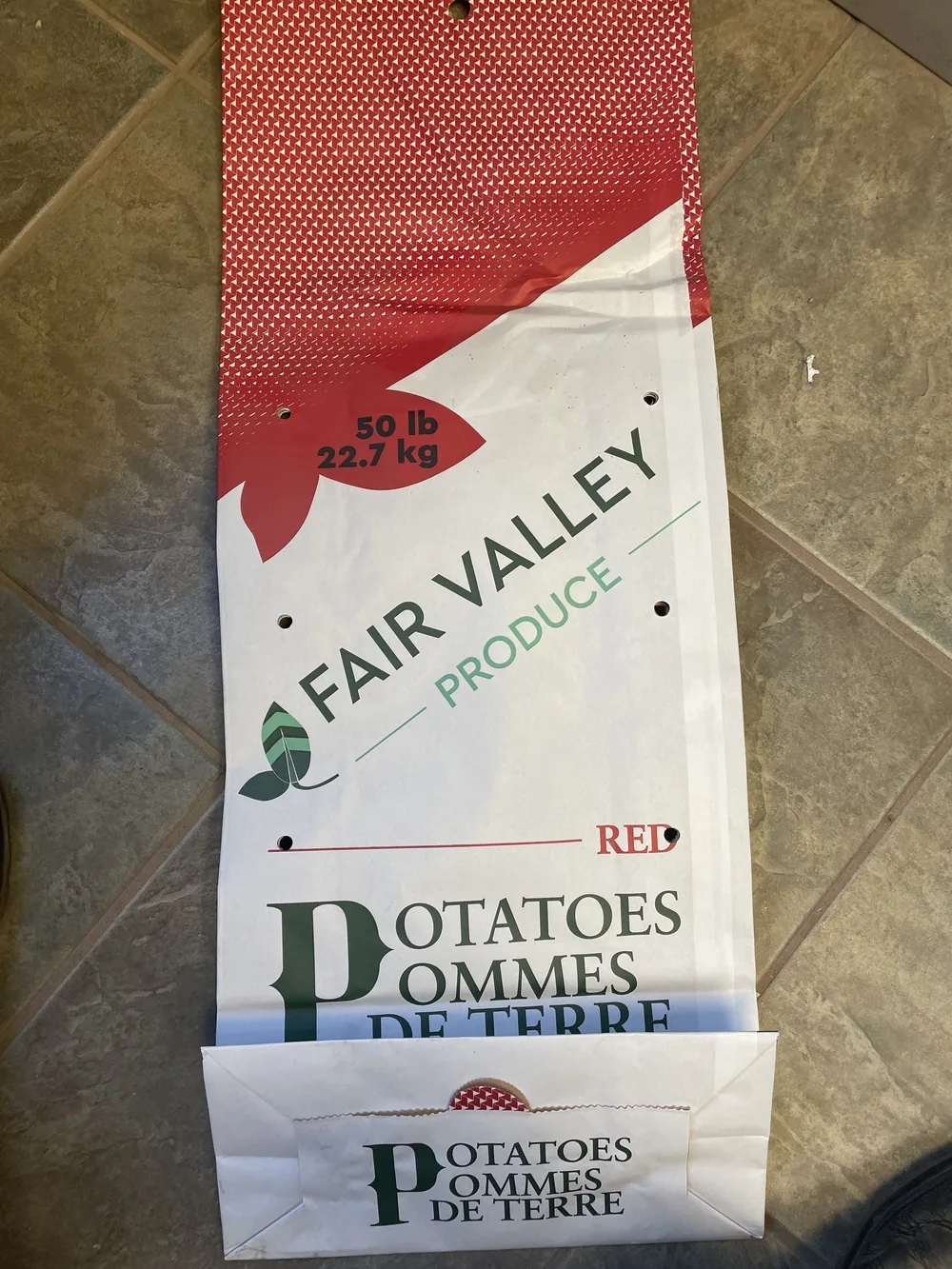A 50 lb Fair Valley Produce bag of red potatoes