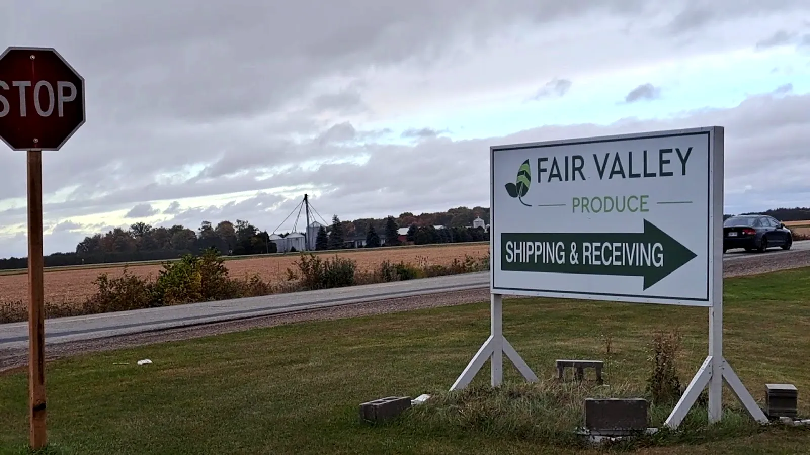 The Fair Valley Produce shipping and receiving sign on Longwoods Rd